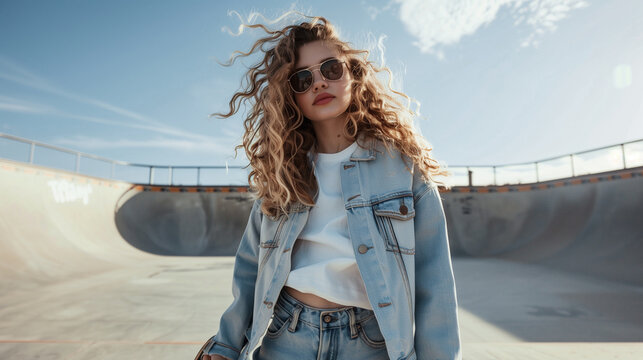 A curly hair young 20s girl, standing at skateboard in the city