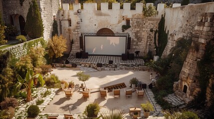 A charming medieval castle courtyard hosts an open-air film festival, surrounded by stone walls and lush gardens.