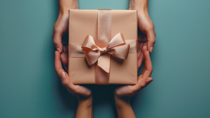 Hands holding gift box with satin ribbon for celebrations
