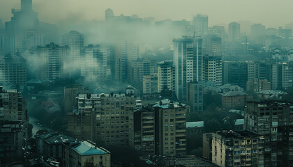 A city skyline is shown with a hazy, foggy atmosphere