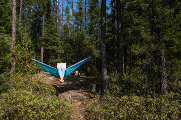 Digital nomad working in a hammock, surrounded by trees