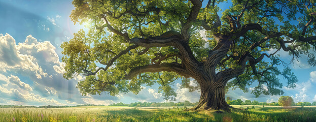 A majestic oak tree stands tall in the center of an expansive meadow, its thick branches reaching towards the sky with lush green leaves. Created with Ai - Powered by Adobe