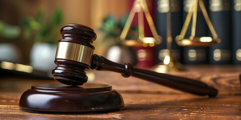 Judges gavel on desk symbolizing law and justice in legal system. Concept Legal System, Law and Order, Judge's Gavel, Justice Symbol