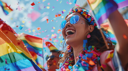 Pride festival featuring LGBTQ+ community members and vibrant, supportive messages
