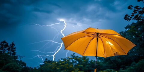 Vibrant yellow umbrella against textured backdrop with dramatic lightning strike. Concept Photography, Outdoor Photoshoot, Props, Colorful, Dramatic Lighting