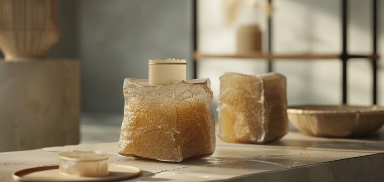 Craft a detailed 3D rendering of a biodegradable packaging material