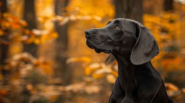  A black dog gazes to its left while standing before a forest ablaze with yellow and orange autumn leaves overhead