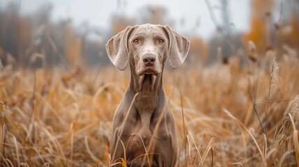  A sad-looking dog stands in a field of tall grass, gazing at the camera with blurred background tall grass
