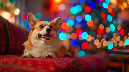  A brown-and-white dog lies atop a red couch, before a Christmas tree adorned with multicolored lights