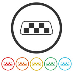 Taxi flat roof sign. Set icons in color circle buttons