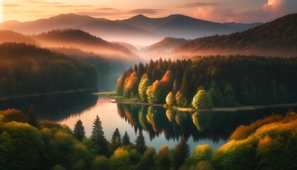 A calm lake surrounded by dense, summer-colored forest at sunset