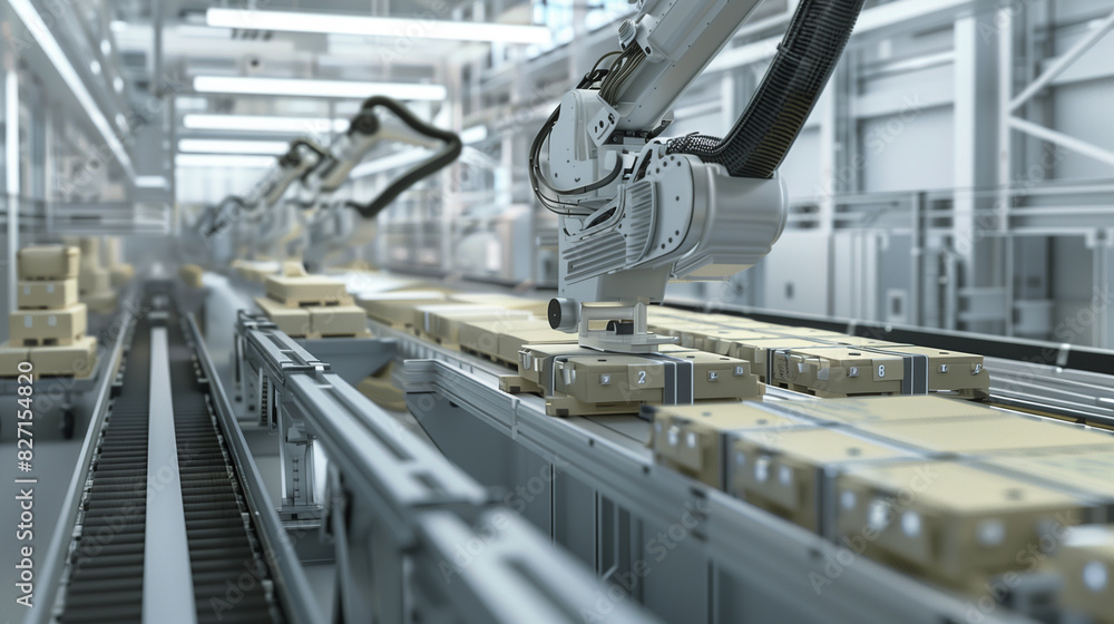 Poster a line of robots are working on a conveyor belt. the robots are orange and are lined up in a row