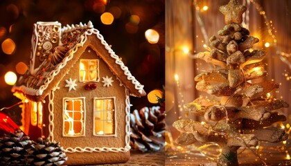 Festive Glow: Gingerbread House Illuminated Inside a Pine Cone Christmas Tree Collage