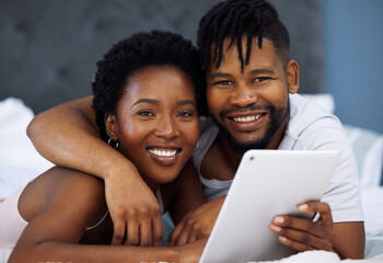 Black couple, bedroom and portrait with tablet for online streaming, internet service and happy...