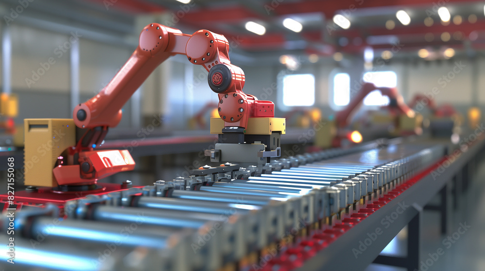 Poster a line of robots are working on a conveyor belt. the robots are orange and are lined up in a row