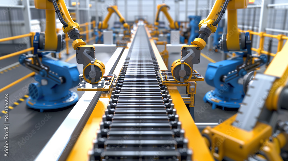 Poster a line of robots are working on a conveyor belt. the robots are orange and are lined up in a row