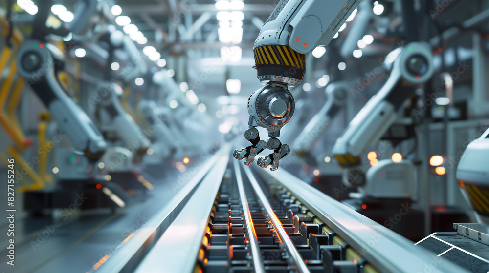 Poster a line of robots are working on a conveyor belt. the robots are orange and are lined up in a row
