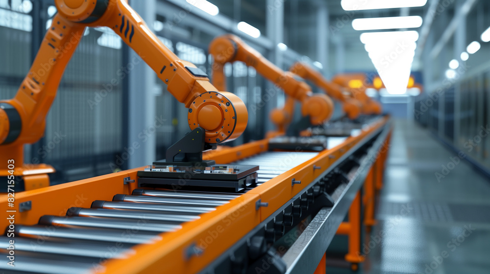 Poster a line of robots are working on a conveyor belt. the robots are orange and are lined up in a row