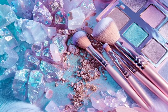 Craft a digital scene showcasing an elegant collection of makeup brushes in pastel hues next to palettes shimmering with ethereal eyeshadows and blushes A harmonious display of bea