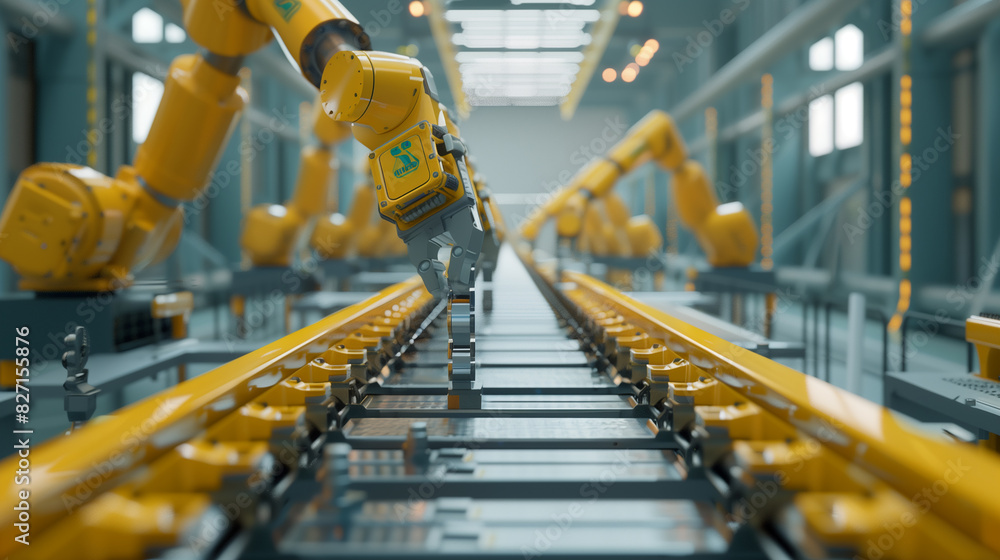 Poster a line of robots are working on a conveyor belt. the robots are orange and are lined up in a row