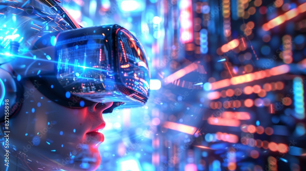 Poster craft a dynamic tilted angle view design of virtual reality headsets intersecting with futuristic 3d