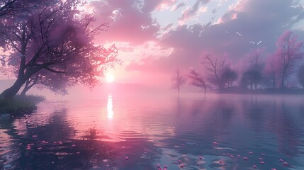 A peaceful lakeside at dusk, the water and sky softly glowing with pastel colors