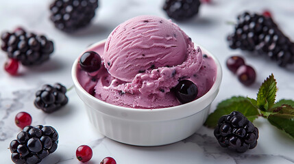 Wide banner photo of delicious scoop of purple color black currant ice cream sorbet on an icecream cup with fruits and pieces around in white background