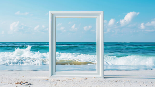 A white picture frame against a beach with white sand and blue waves
