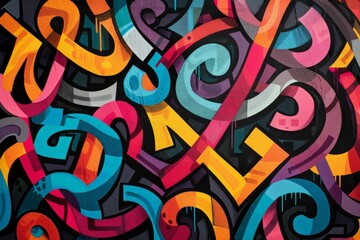 Craft a dynamic typographic composition of swirling letters resembling a labyrinth, using vibrant hues and bold, sans-serif fonts for a modern, edgy feel