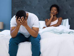 Black couple, stress and divorce in bedroom for problem, love and connection as partner in...