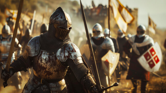 A cinematic still of medieval knights in armor charging into battle