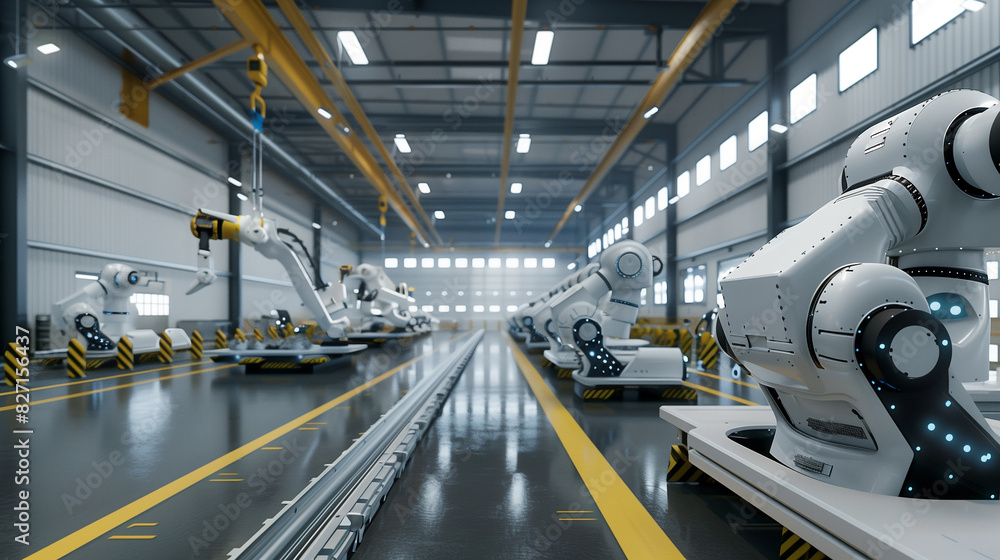 Poster a computer generated image of a factory with many yellow and black machines. scene is industrial and