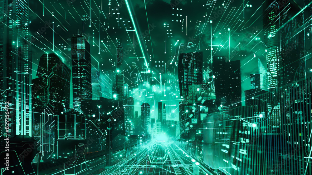 Poster a digital cityscape with holographic elements and circuit patterns