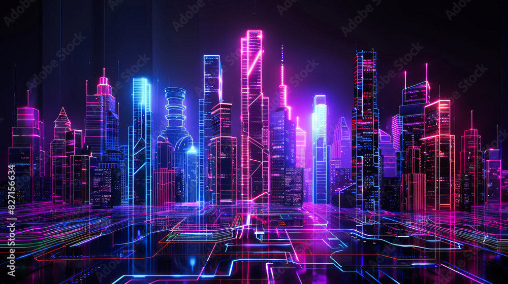 Poster a digital cityscape with holographic elements and circuit patterns