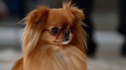  A tight shot of a small, long-haired brown dog gazing at the camera, surrounded by a blurred backdrop of people