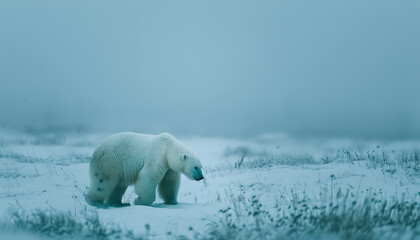 A polar bear is walking across a snowy field