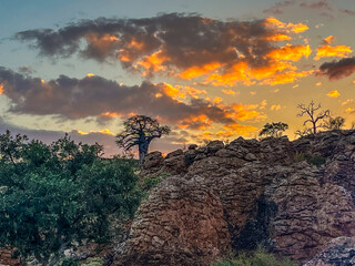 Dramatic African sunset over a sandstone ridge with a baobab 