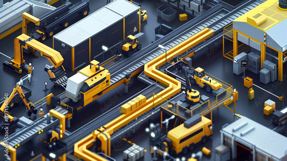 Poster a computer generated image of a factory with many yellow and black machines. scene is industrial and