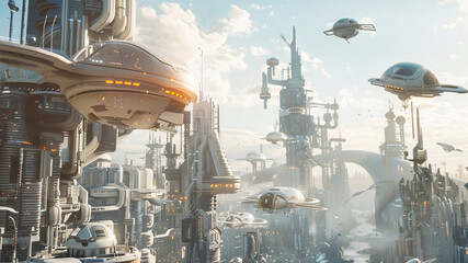 A futuristic cityscape with flying vehicles and skyscrapers