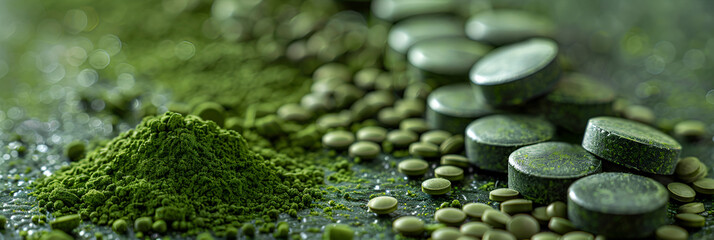 green moss on the ground, 
Green spirulina algae tablets and powder nutr
