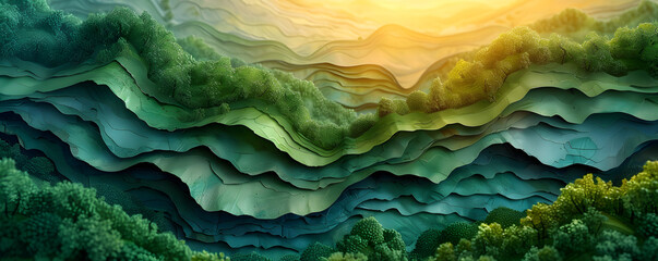 Abstract lush digital green valleys peak and trough covered in stylized foliage and light effects, nature earth organic landscape banner	