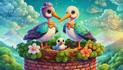 oil painting style CARTOON CHARACTER storks sit on a nest atop an old brick chimney,