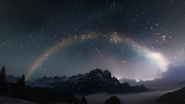 A celestial work of art a moonbow decorates the night sky with its shimmering colors inviting wonder and awe from all who see it.
