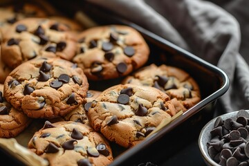 Close-up of delicious chocolate chip cookies with melted chocolate on a baking sheet, invoking coziness