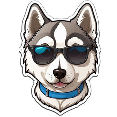Fototapeta premium Siberian Husky dog with sunglass cartoon 2d sticker chibi in remove white background for book art decorate custom style.ai generated