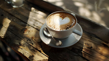 Cozy Morning Ritual: Heart-Shaped Latte Art in a Warm, Rustic Setting