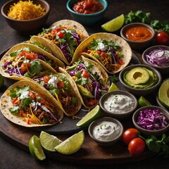 A vibrant Mexican taco platter with various fillings and colorful garnishes.

