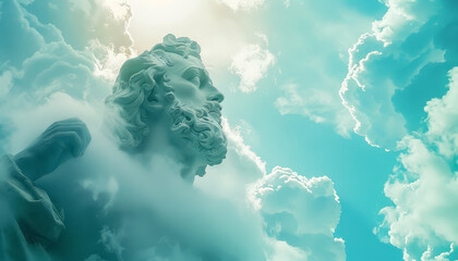 A statue of a man is shown in the sky with clouds