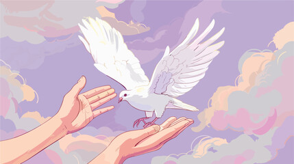 Two hands holding white pigeon dove on light purple background
