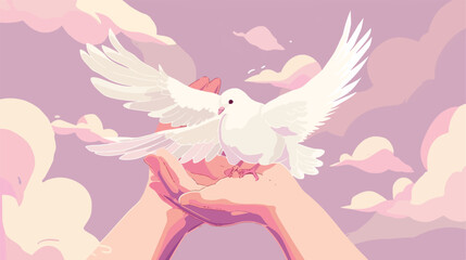Two hands holding white pigeon dove on light purple background